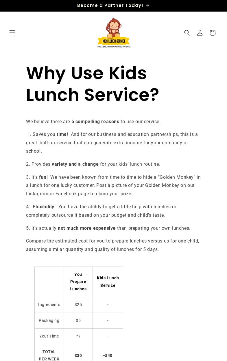 Kids Lunch Service Menu