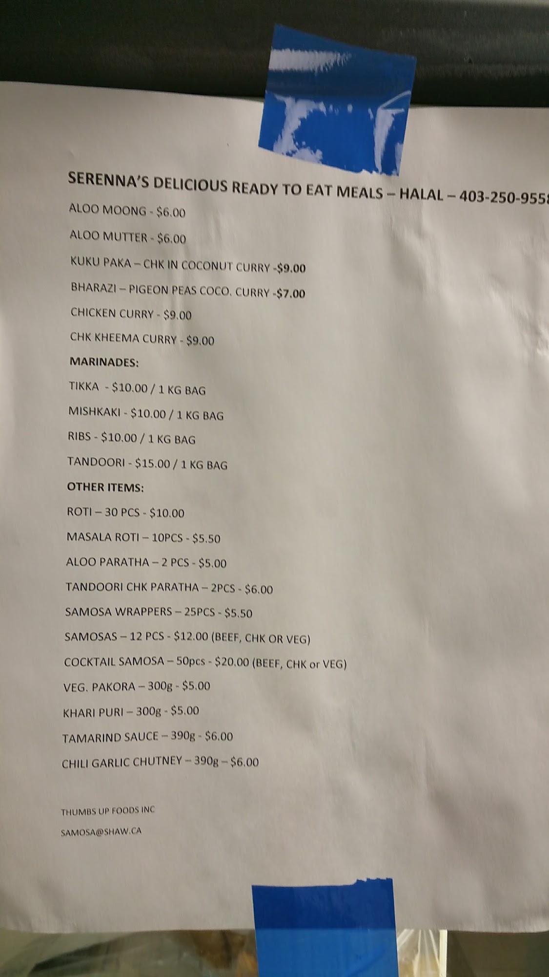 Thumbs Up Foods Inc Menu