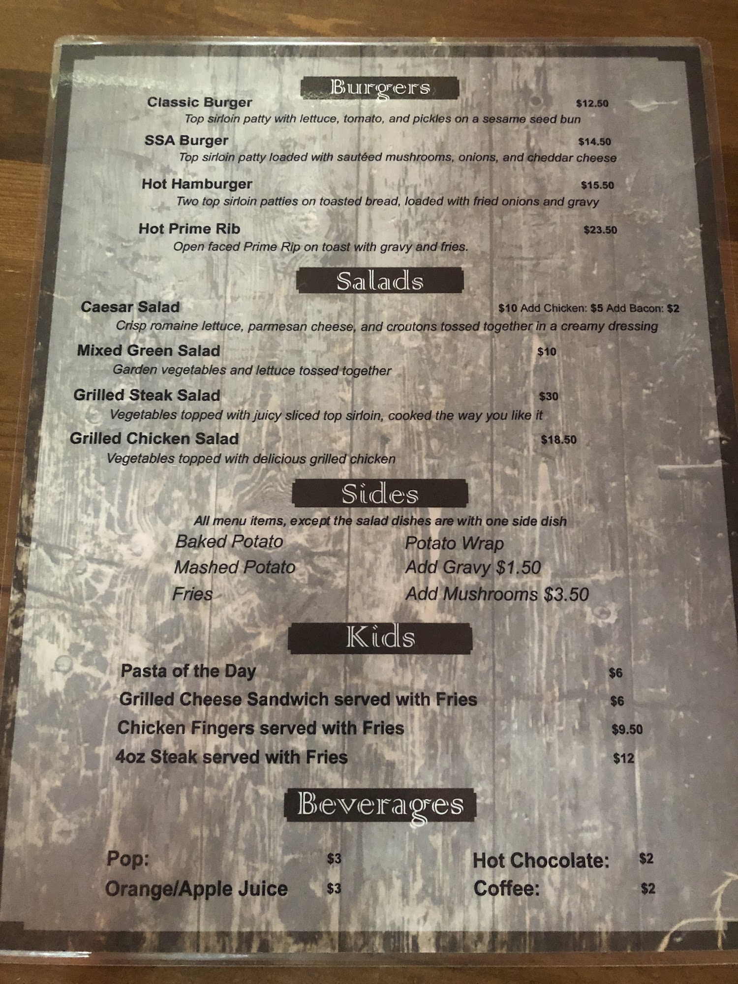 Silver Slate Steakhouse Menu