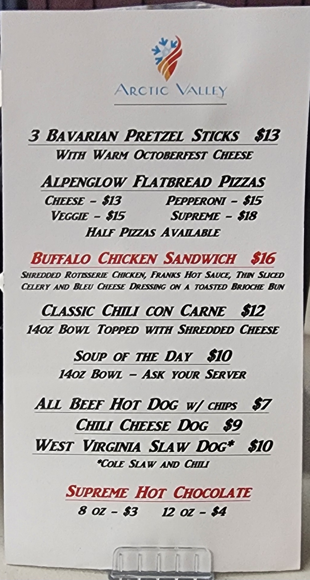 Rendezvous Cafe at Arctic Valley Menu