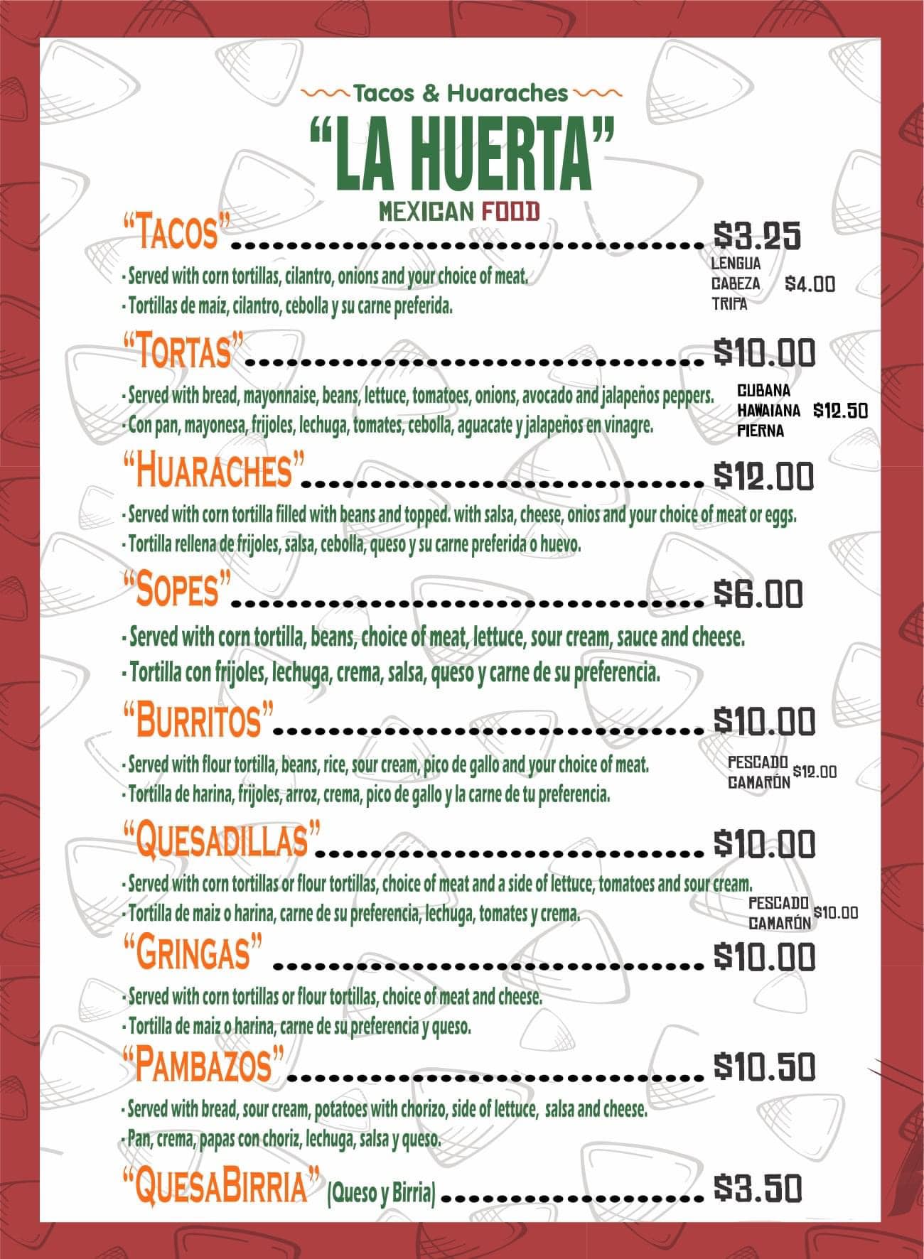 La Huerta Menu