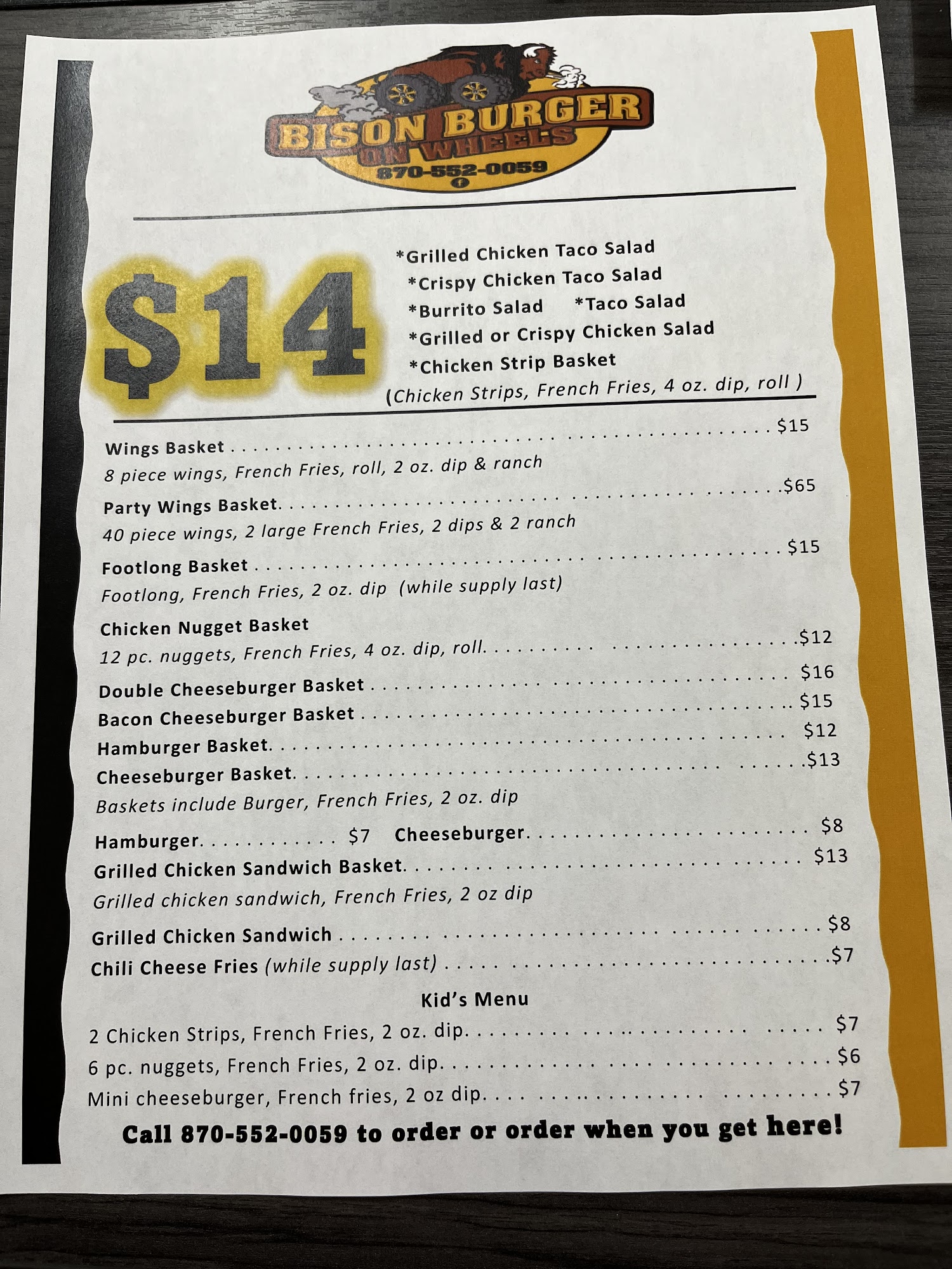 Bison Burger on Wheels Menu