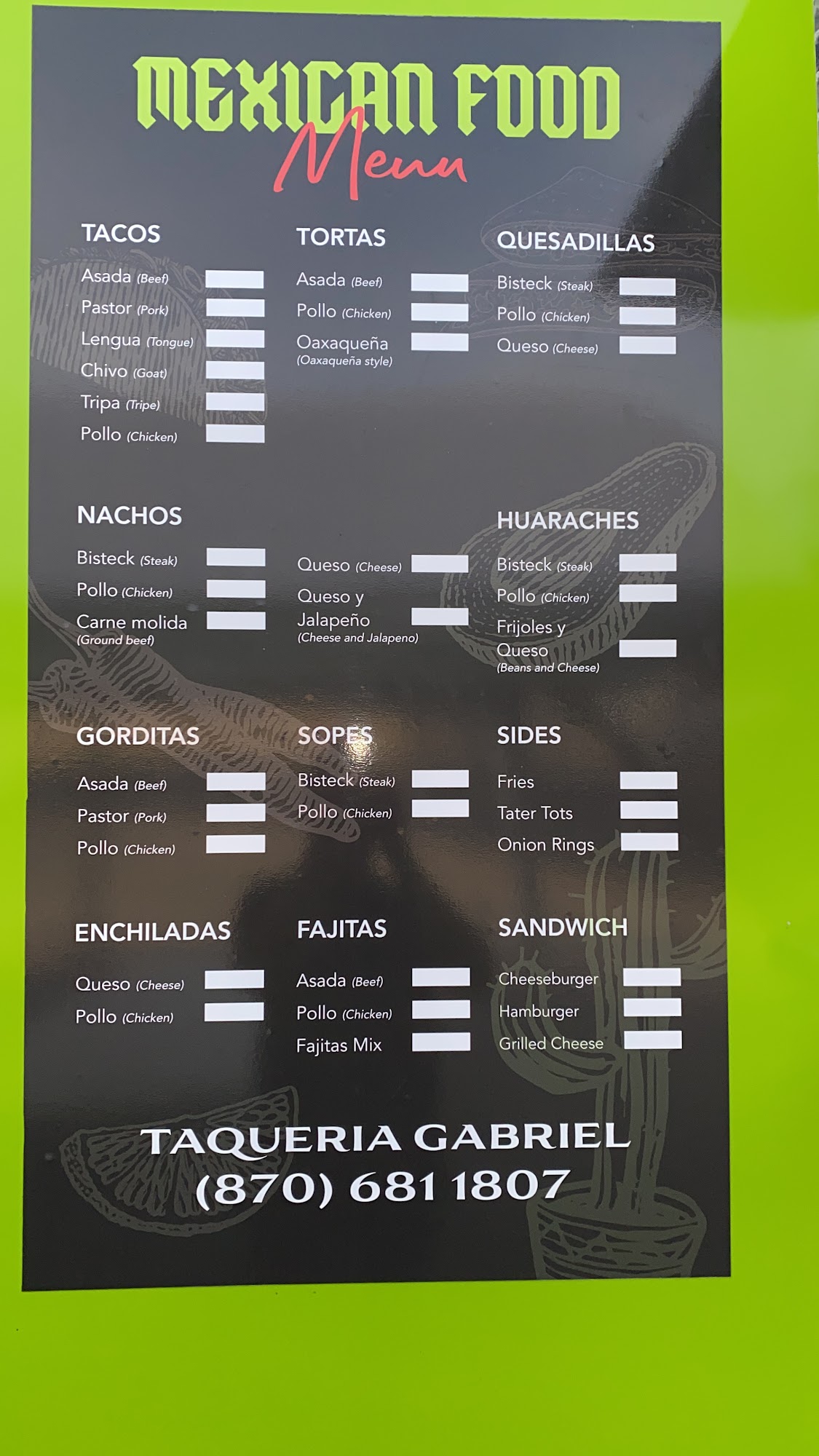 Taqueria Gabriel Menu