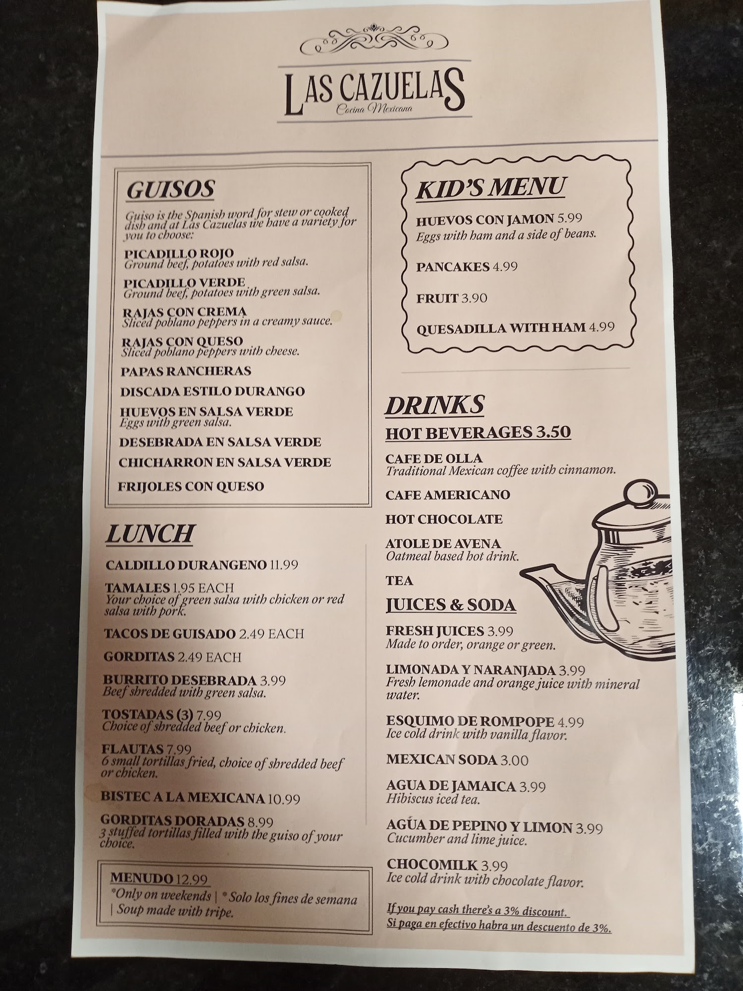 Las Cazuelas Cocina Mexicana Menu