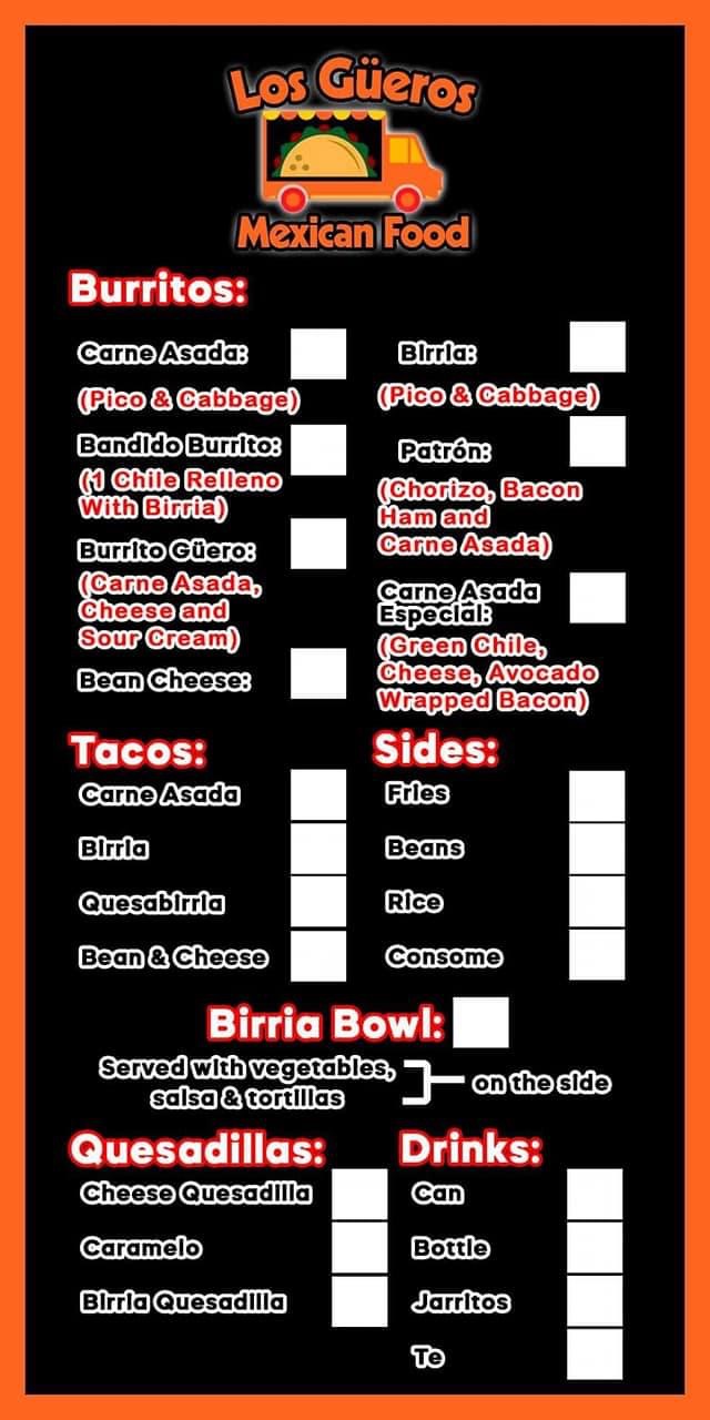 Los Gueros Food Truck Menu