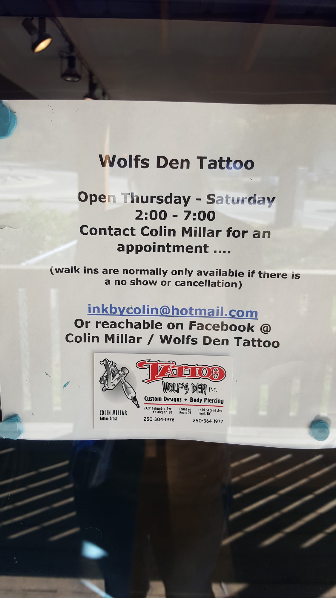 Wolf's Den Tattoo Inc. 2329 Columbia Ave, Castlegar British Columbia V1N 2X3