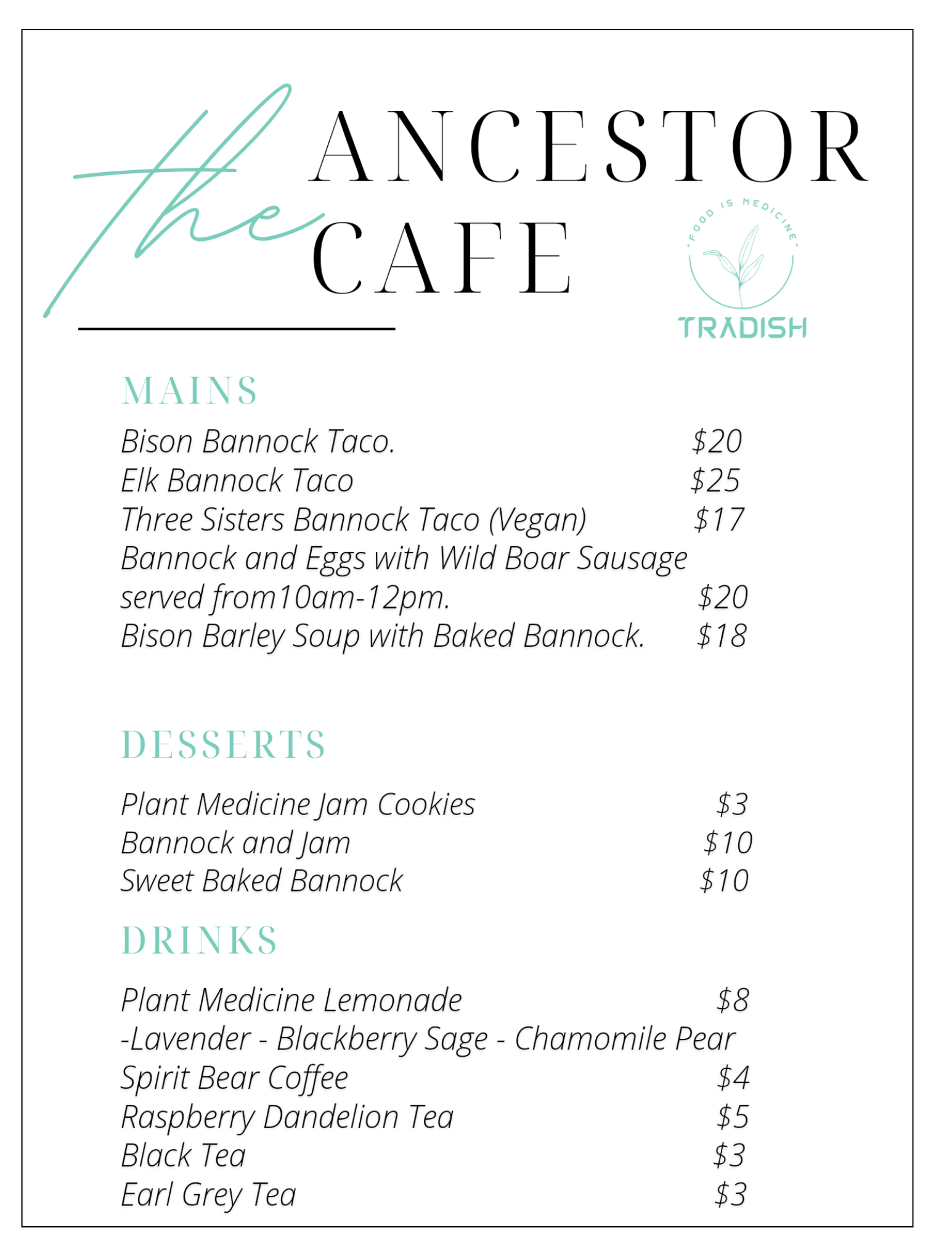 Tradish's The Ancestor Cafe Menu