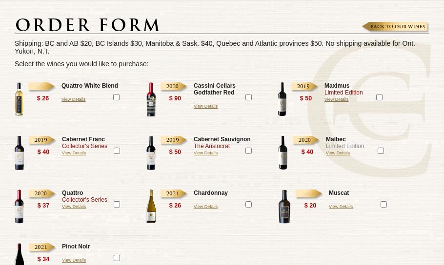 Cassini Cellars Menu