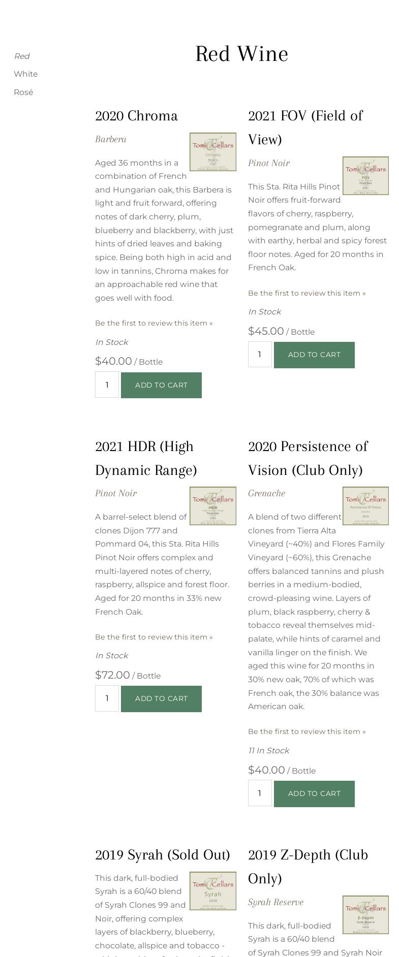 Tomi Cellars Menu