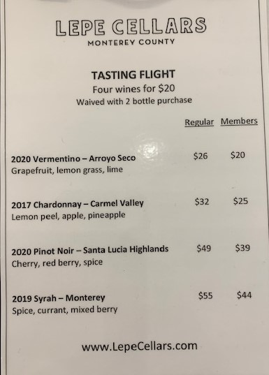 Lepe Cellars Menu