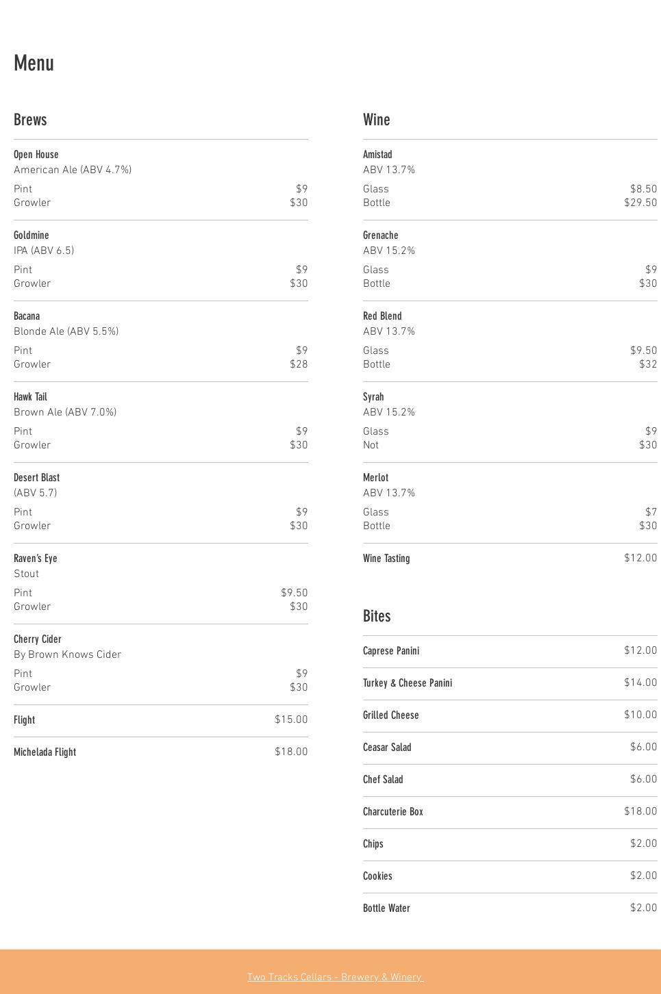 Two Tracks Cellars Brewery Menu