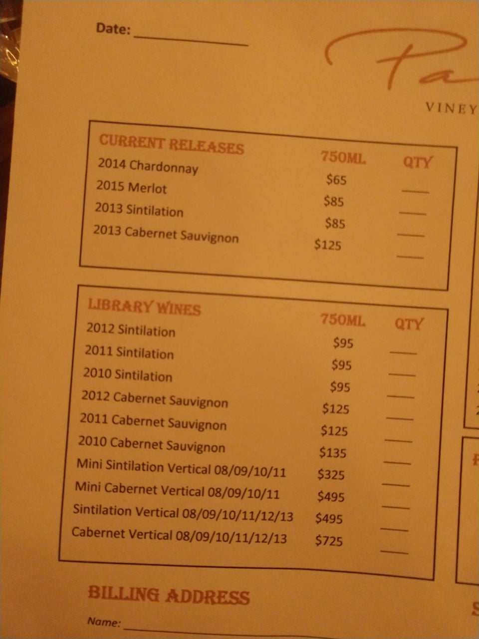 Padis Vineyards Menu