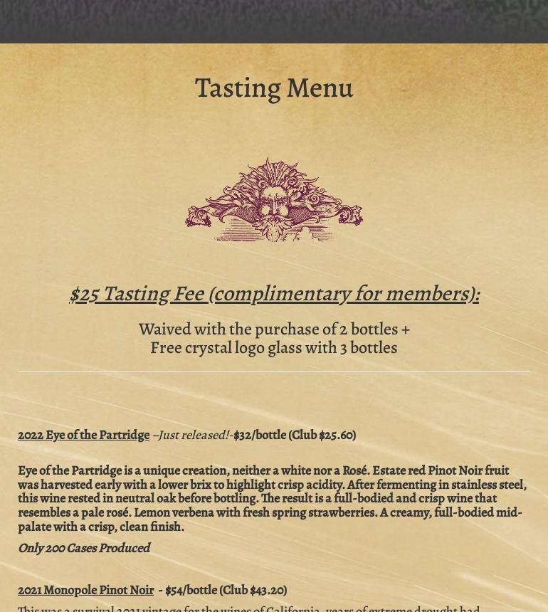 Windward Vineyard Menu