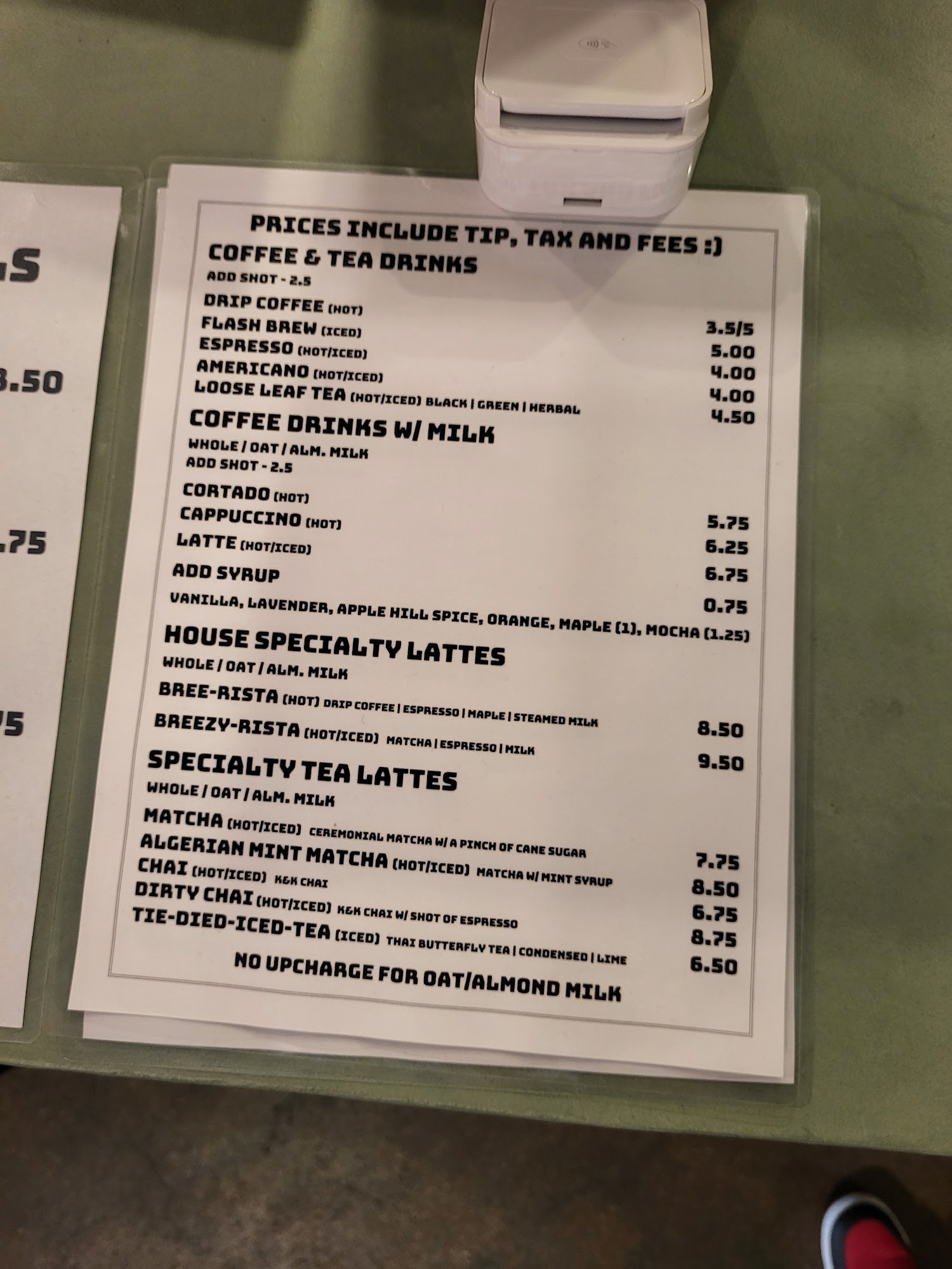 Milka Coffee Roasters Menu