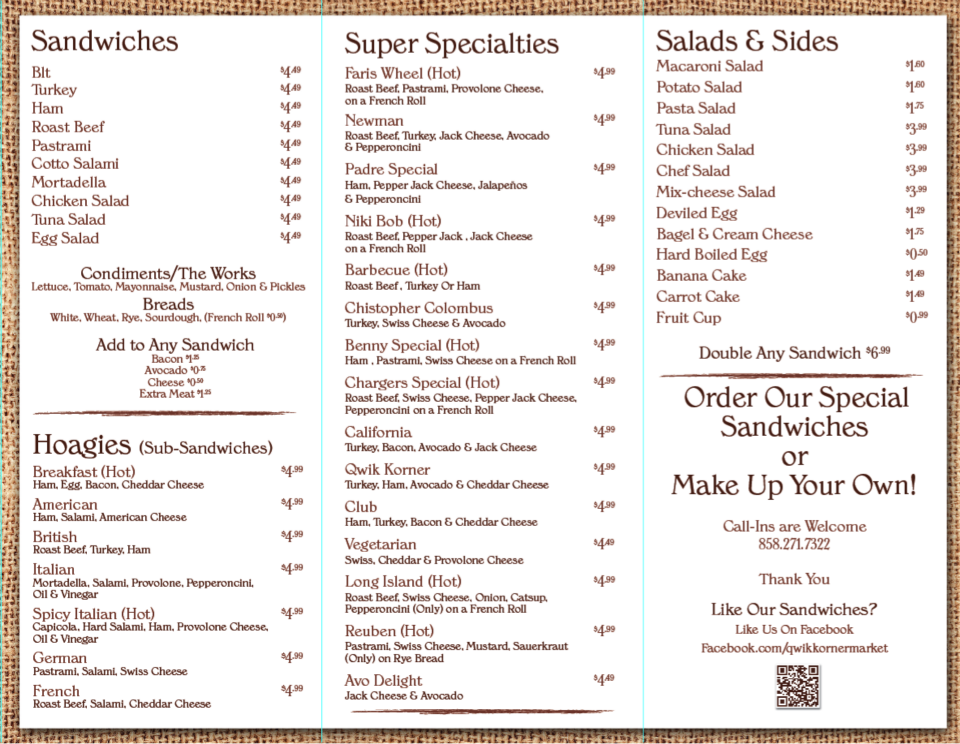 Qwik-Korner Deli-Grocery Menu