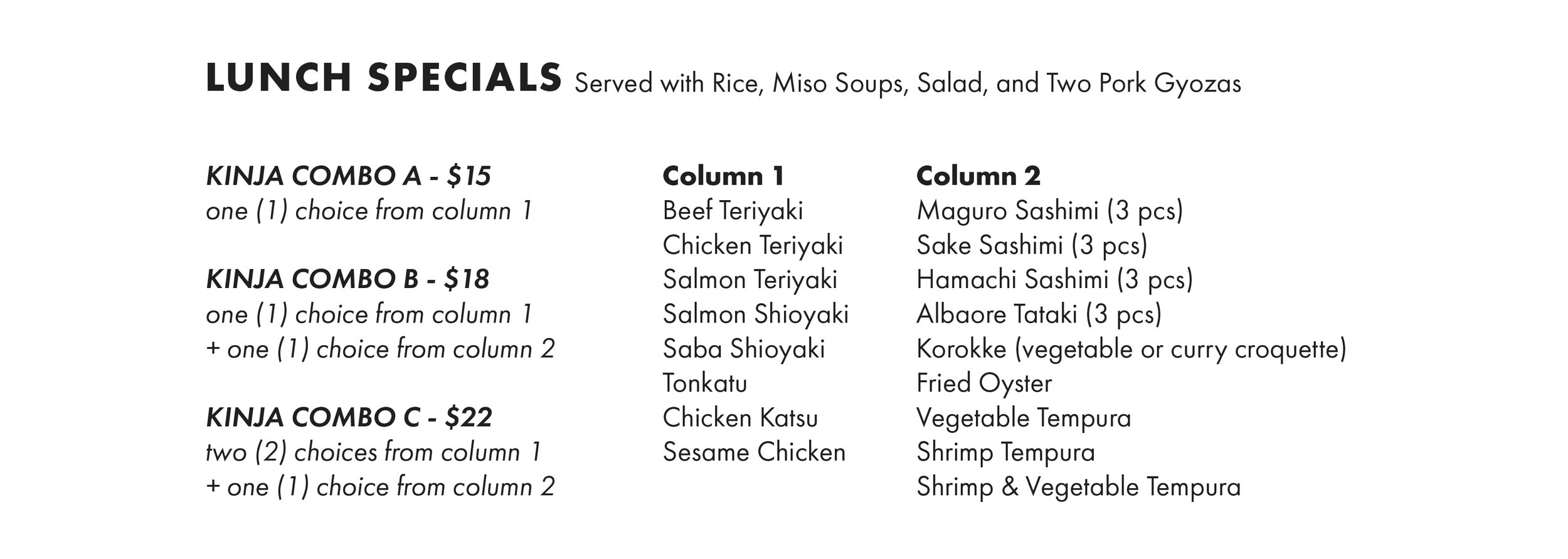 Kinja Sushi San Ramon Menu
