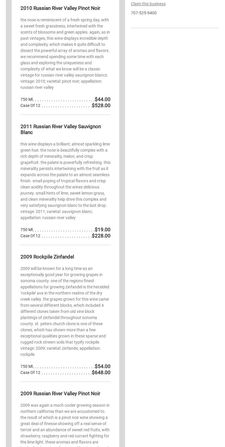 Trecini Cellars/Winery Menu