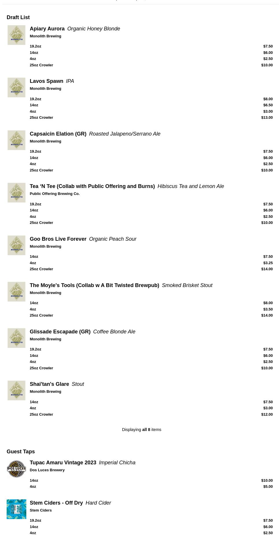 Monolith Brewing Menu