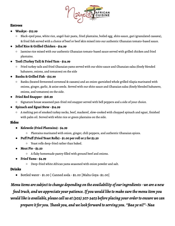 Nayel’s African Cuisine Menu