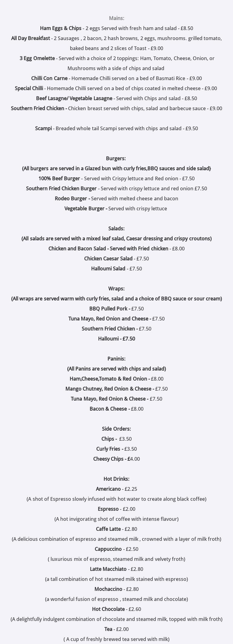 Charlies Menu