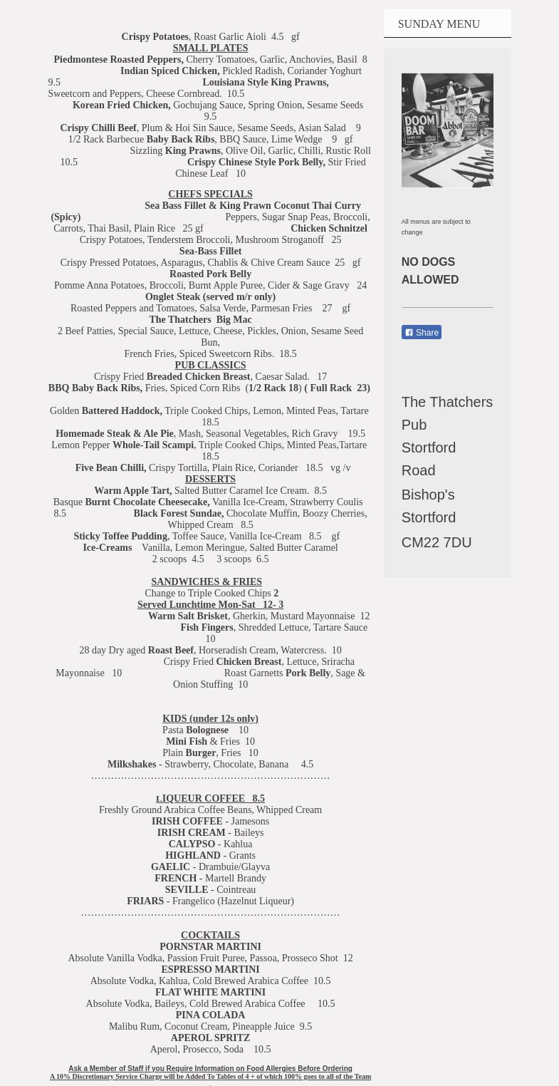 The Thatchers Menu