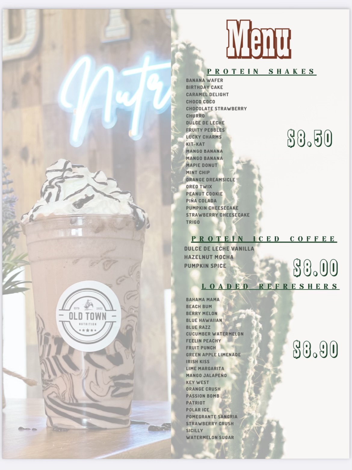 Old Town Nutrition Menu