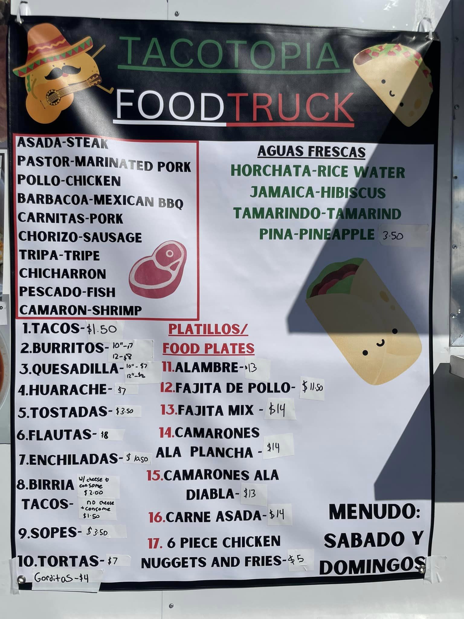Tacotopia food truck Menu