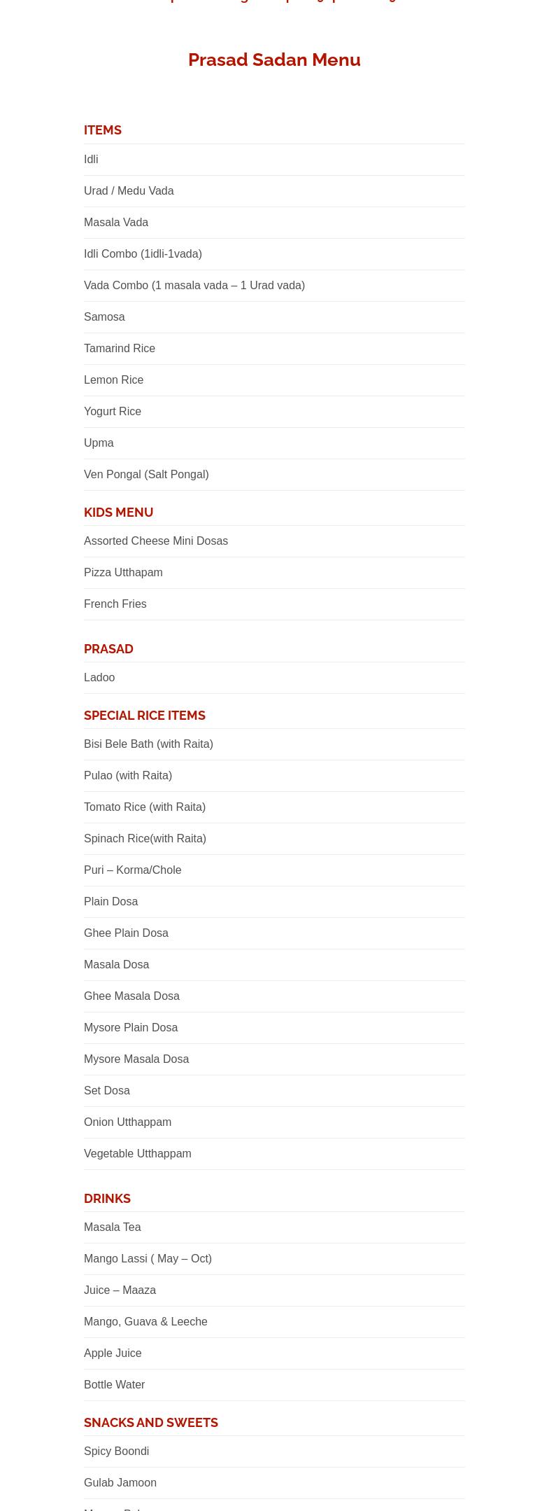 Prasad Sadan Menu