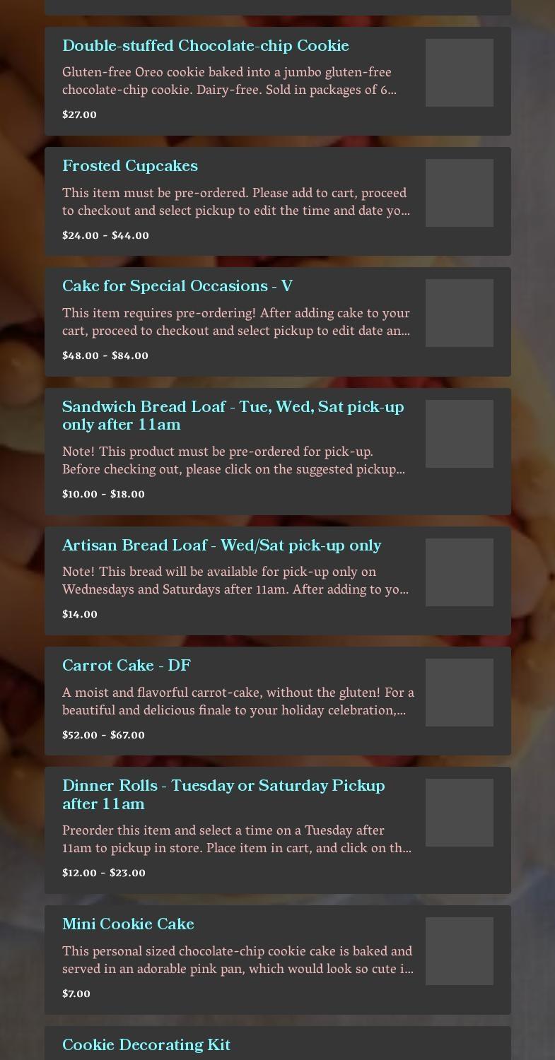 Willows Gluten-free Bakery Menu