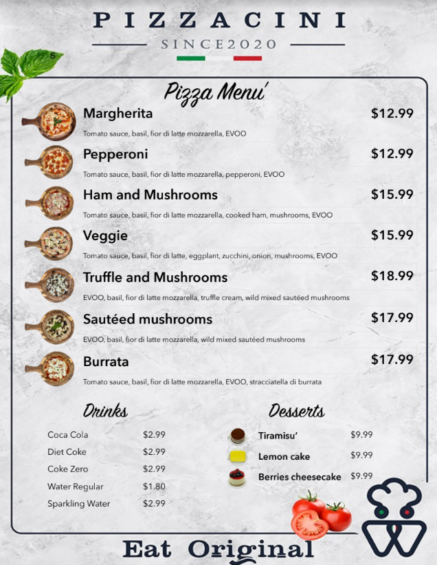PIZZACINI Menu