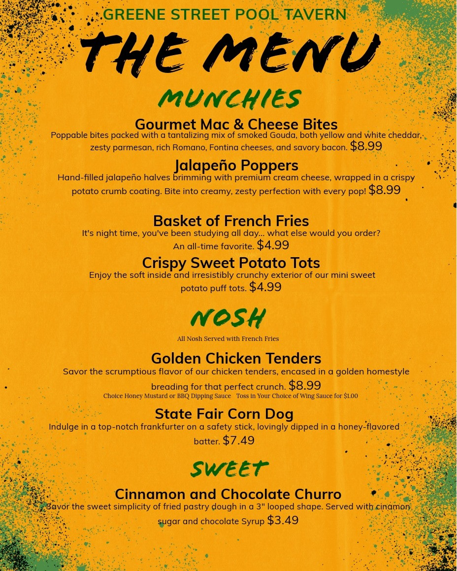 Greene Street Pool Tavern Menu
