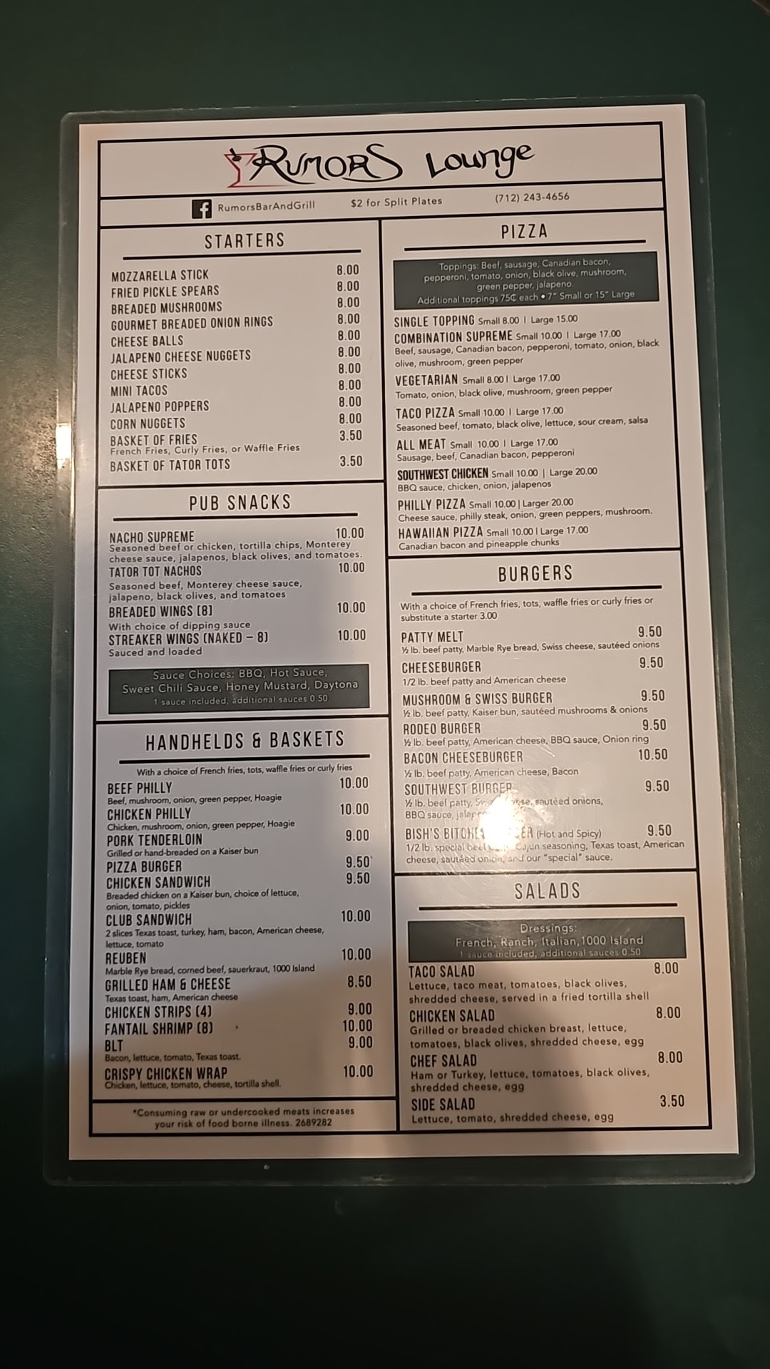 Rumors Lounge Menu
