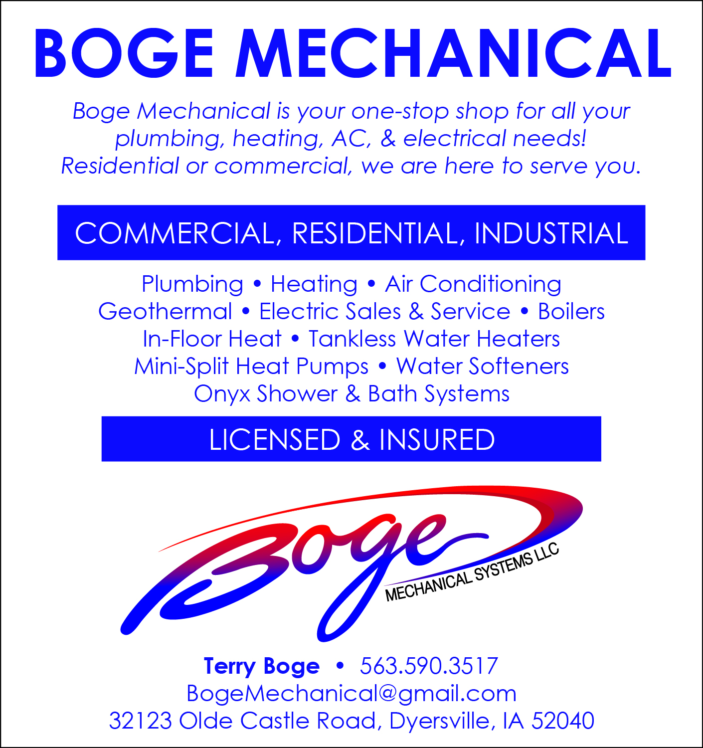 Boge Mechanical Systems, LLC 32123 Olde Castle Rd, Dyersville Iowa 52040