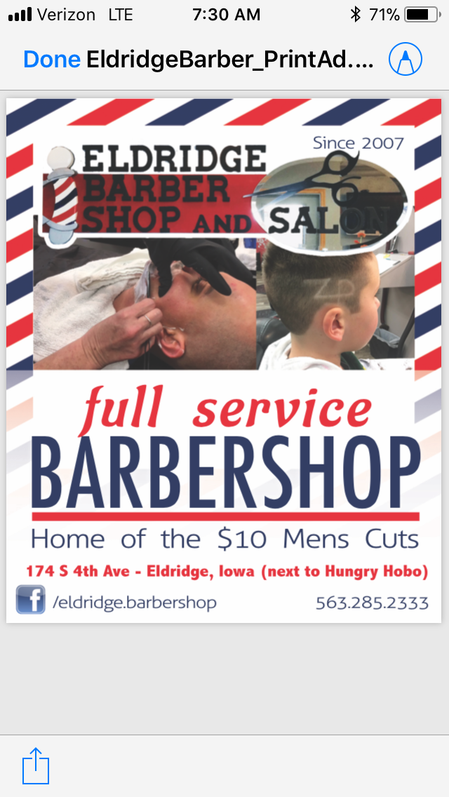 Eldridge Barbershop 310 N 2nd St, Eldridge Iowa 52748