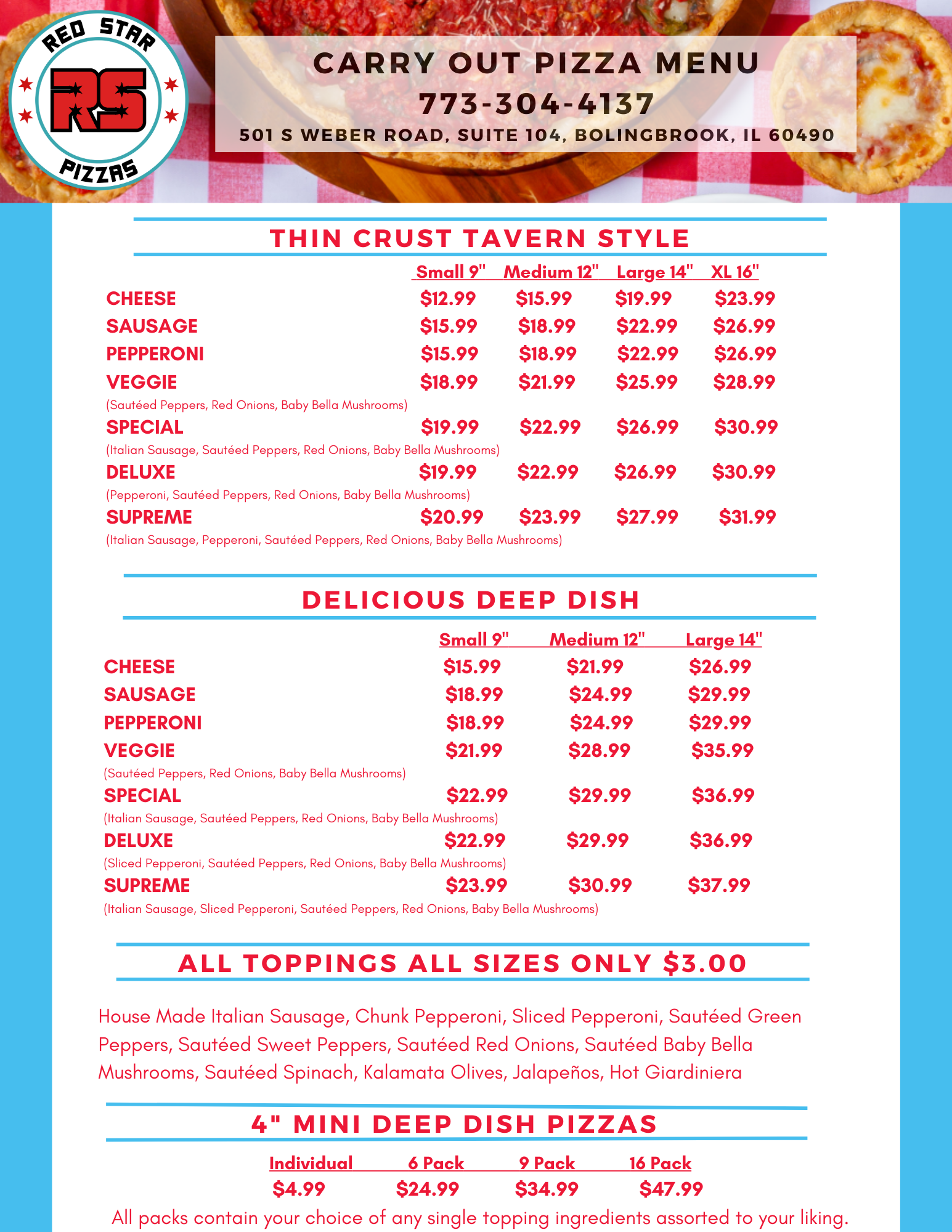 Red Star Pizzas Menu
