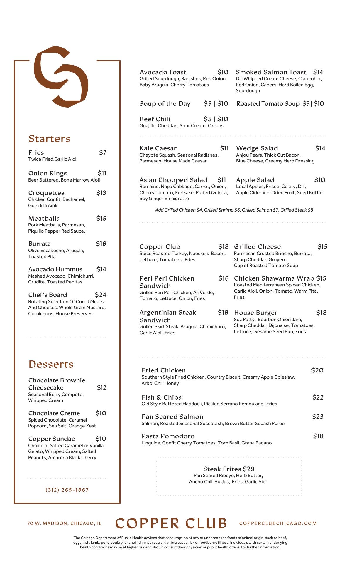 Copper Club Menu