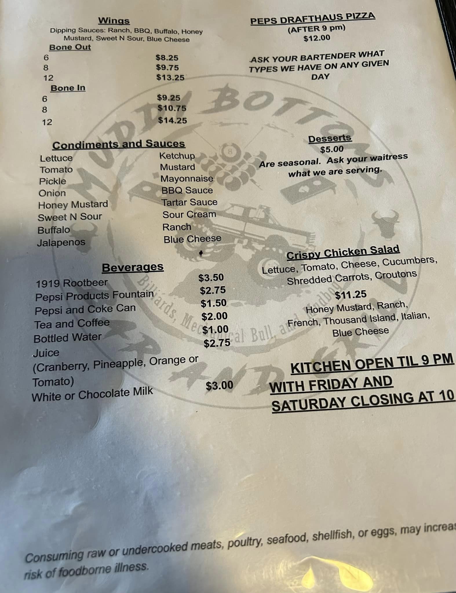 Muddy Bottoms bar & Grill Menu