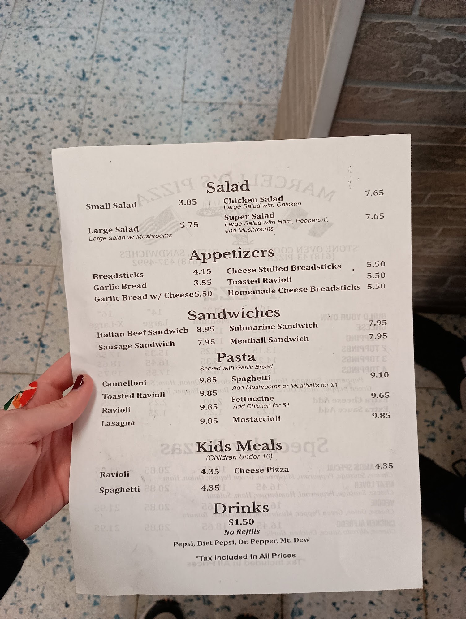 Marcello's Pizza Menu