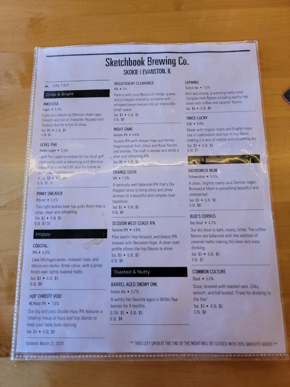 Sketchbook Brewing Co Menu