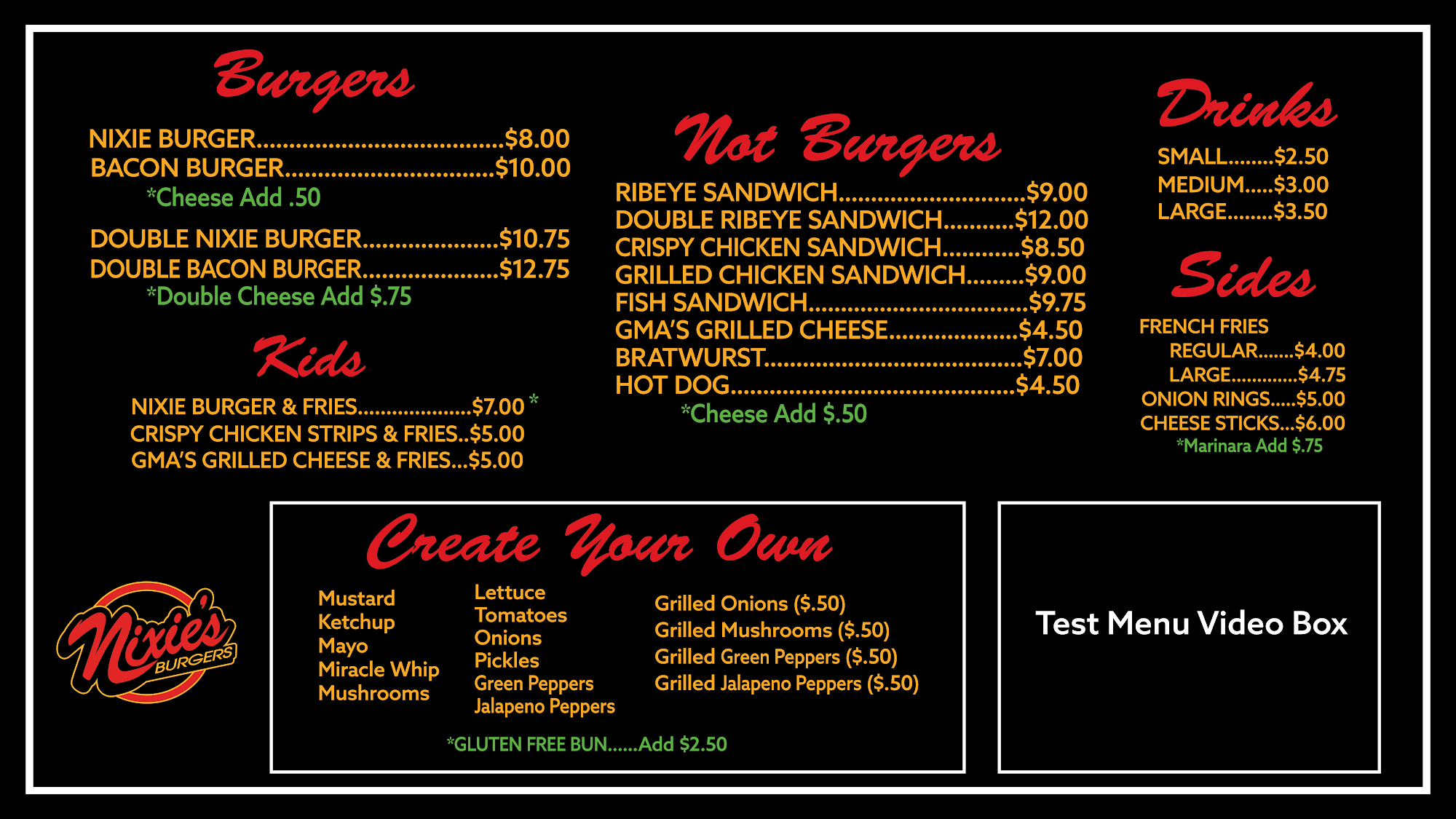 Nixie's Burgers Menu