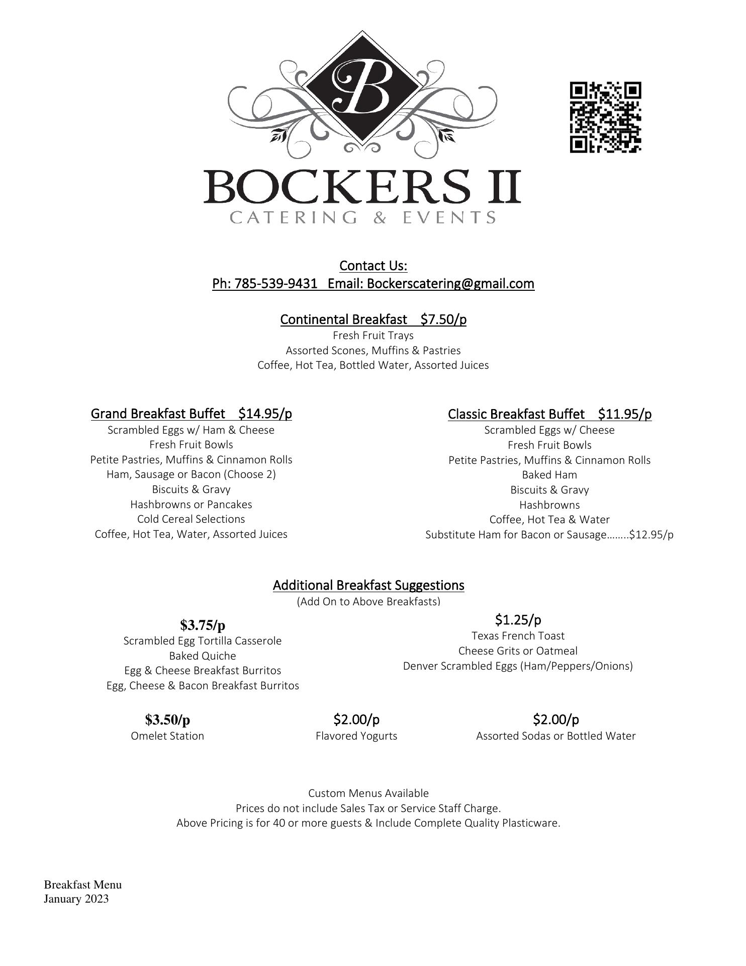 Bockers II Catering & Events Menu