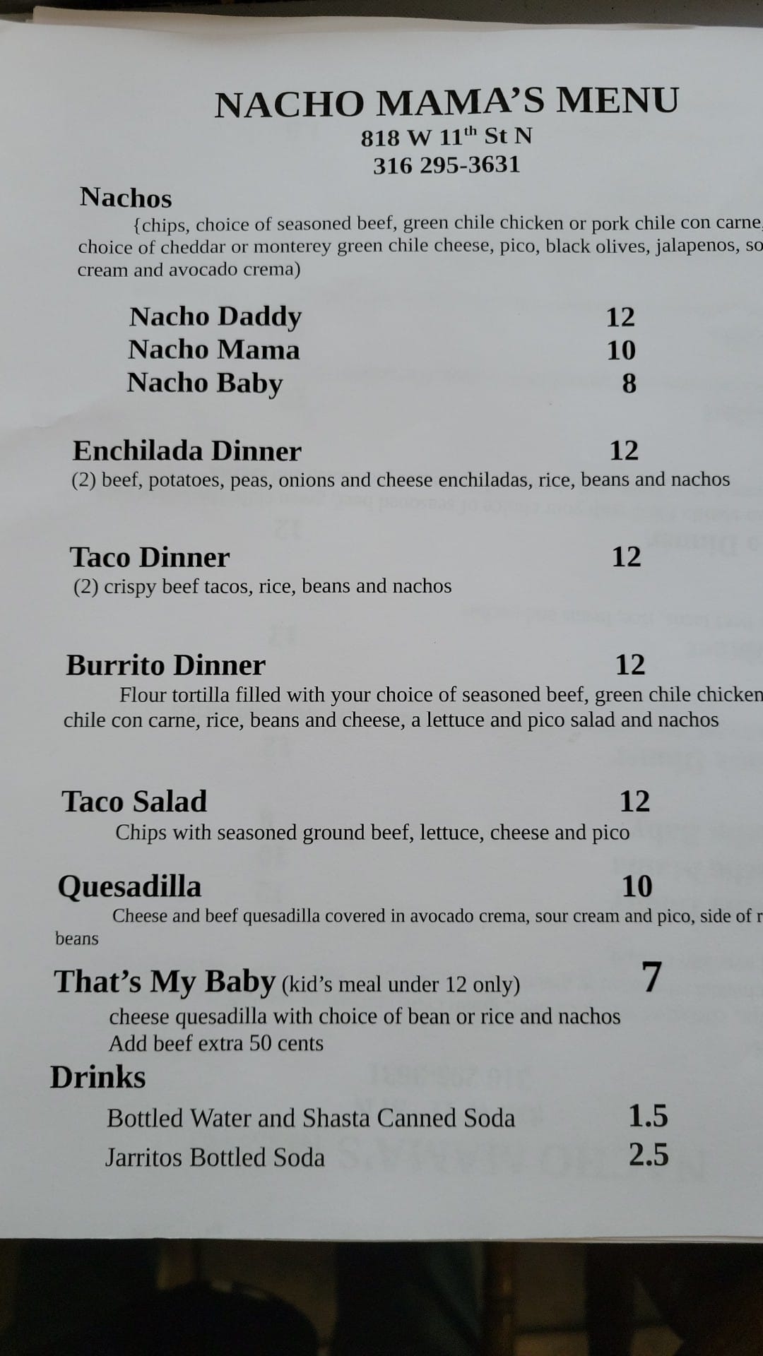 Nacho Mama Menu