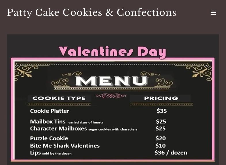 Patty Cake Cookies and Confections Menu