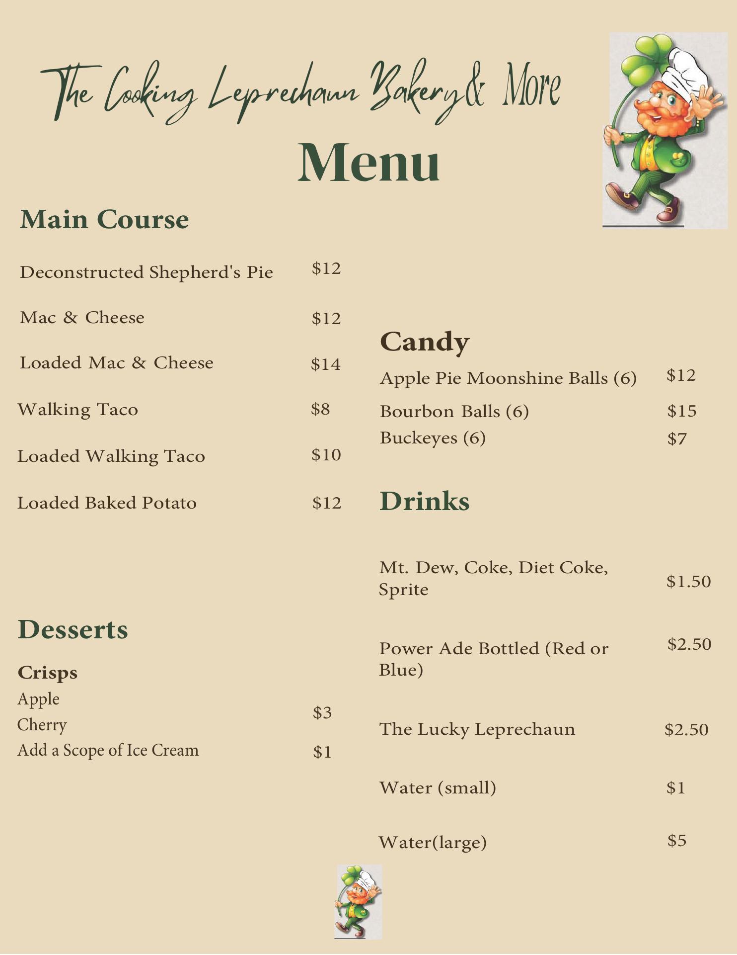 The Cooking Leprechaun Menu