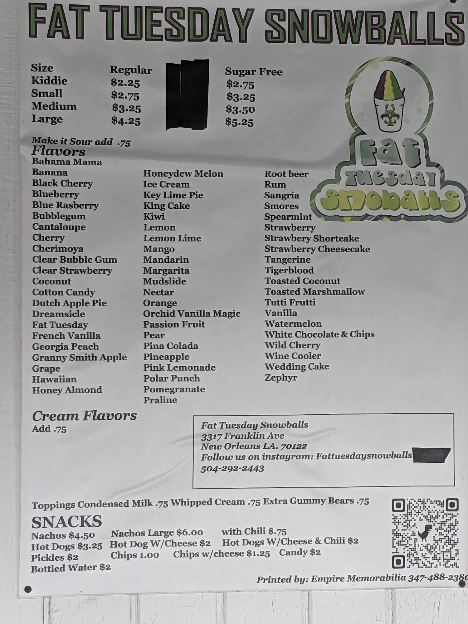 Fat Tuesday Snowballs Menu