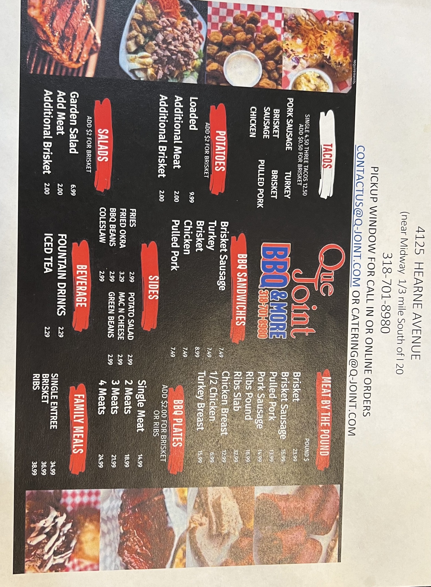 The Que Joint bbq Menu