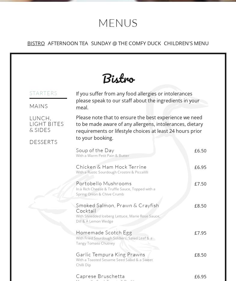 The Comfy Duck Menu
