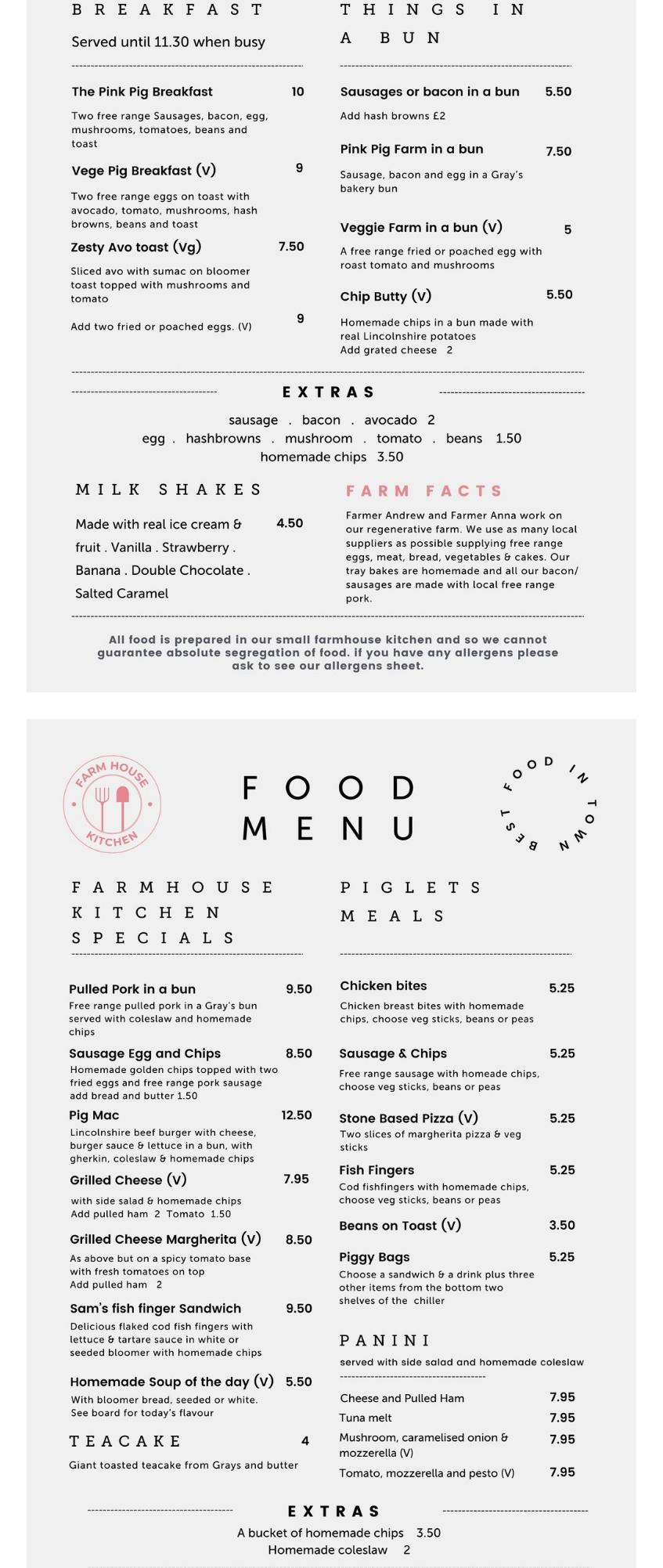 The Pink Pig Farm Menu