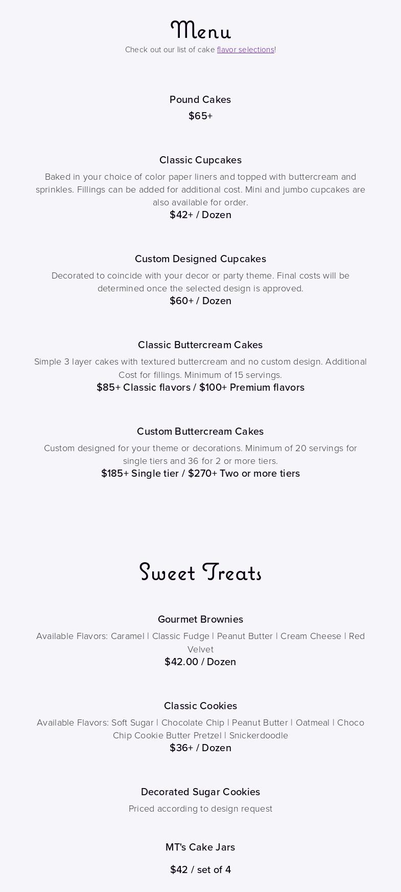 MarTia's Cakes, LLC Menu