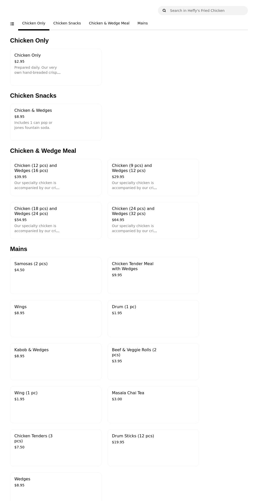 Heffy's Fried Chicken Menu